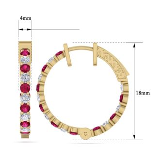 2 Carat Ruby and Diamond Hoop Earrings In 14 Karat Yellow Gold, 3/4 Inch