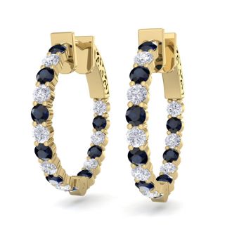 2 Carat Sapphire and Diamond Hoop Earrings In 14 Karat Yellow Gold, 3/4 Inch