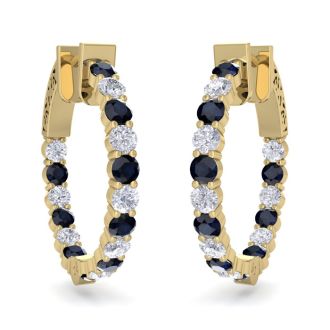 2 Carat Sapphire and Diamond Hoop Earrings In 14 Karat Yellow Gold, 3/4 Inch