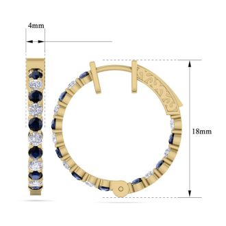2 Carat Sapphire and Diamond Hoop Earrings In 14 Karat Yellow Gold, 3/4 Inch