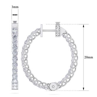 3 Carat Diamond Hoop Earrings In 14 Karat White Gold, 3/4 Inch