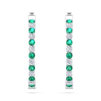 3 Carat Emerald and Diamond Hoop Earrings In 14 Karat White Gold, 3/4 Inch