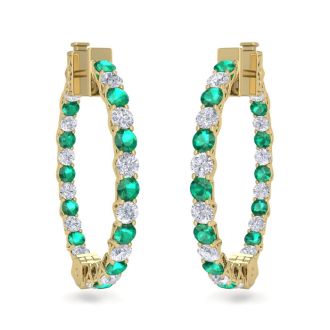 3 Carat Emerald and Diamond Hoop Earrings In 14 Karat Yellow Gold, 3/4 Inch