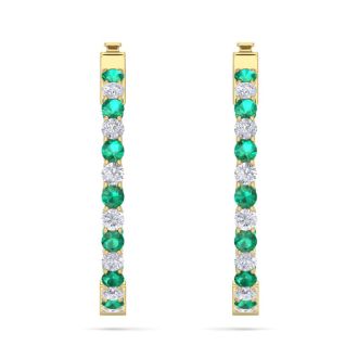3 Carat Emerald and Diamond Hoop Earrings In 14 Karat Yellow Gold, 3/4 Inch
