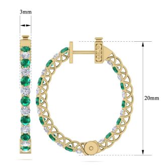 3 Carat Emerald and Diamond Hoop Earrings In 14 Karat Yellow Gold, 3/4 Inch