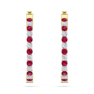3 Carat Ruby and Diamond Hoop Earrings In 14 Karat Yellow Gold, 3/4 Inch