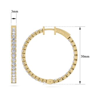 3 1/2 Carat Diamond Hoop Earrings In 14 Karat Yellow Gold, 1 Inch