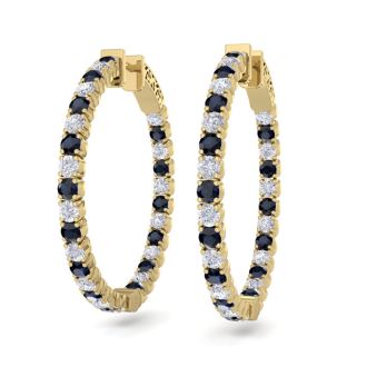 3 1/2 Carat Sapphire and Diamond Hoop Earrings In 14 Karat Yellow Gold, 1 Inch