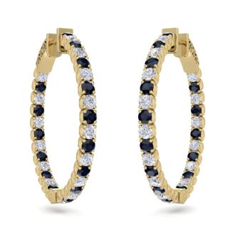 3 1/2 Carat Sapphire and Diamond Hoop Earrings In 14 Karat Yellow Gold, 1 Inch