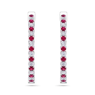 5 Carat Ruby and Diamond Hoop Earrings In 14 Karat White Gold, 1 1/4 Inch