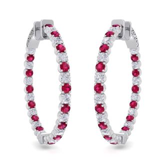 5 Carat Ruby and Diamond Hoop Earrings In 14 Karat White Gold, 1 1/4 Inch