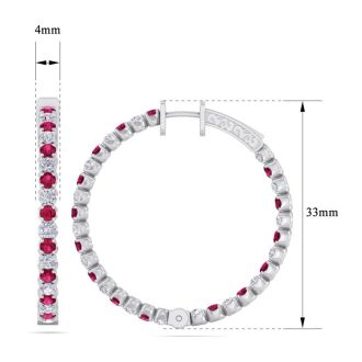 5 Carat Ruby and Diamond Hoop Earrings In 14 Karat White Gold, 1 1/4 Inch