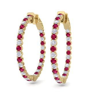 5 Carat Ruby and Diamond Hoop Earrings In 14 Karat Yellow Gold, 1 1/4 Inch