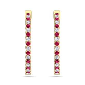 5 Carat Ruby and Diamond Hoop Earrings In 14 Karat Yellow Gold, 1 1/4 Inch