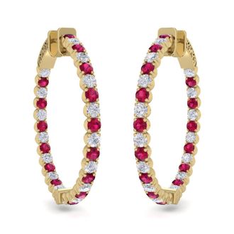 5 Carat Ruby and Diamond Hoop Earrings In 14 Karat Yellow Gold, 1 1/4 Inch