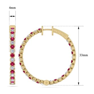 5 Carat Ruby and Diamond Hoop Earrings In 14 Karat Yellow Gold, 1 1/4 Inch