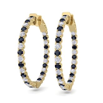 5 Carat Sapphire and Diamond Hoop Earrings In 14 Karat Yellow Gold, 1 1/4 Inch