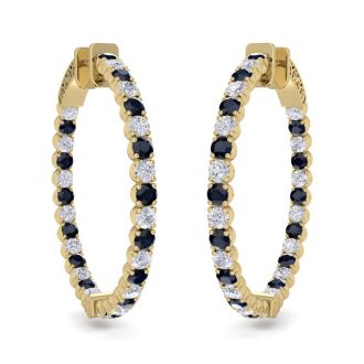 5 Carat Sapphire and Diamond Hoop Earrings In 14 Karat Yellow Gold, 1 1/4 Inch