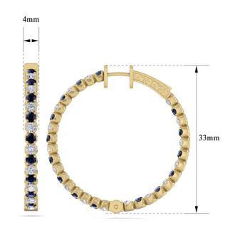 5 Carat Sapphire and Diamond Hoop Earrings In 14 Karat Yellow Gold, 1 1/4 Inch