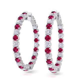 5 Carat Ruby and Diamond Hoop Earrings In 14 Karat White Gold, 1 1/2 Inches
