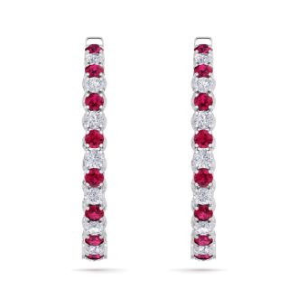 5 Carat Ruby and Diamond Hoop Earrings In 14 Karat White Gold, 1 1/2 Inches