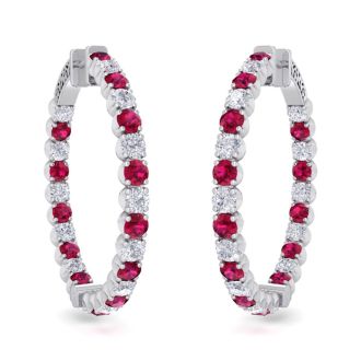 5 Carat Ruby and Diamond Hoop Earrings In 14 Karat White Gold, 1 1/2 Inches