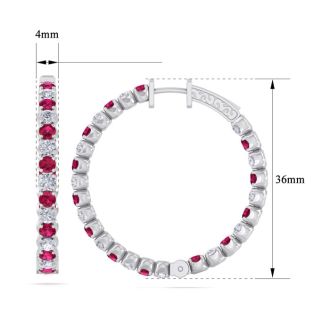 5 Carat Ruby and Diamond Hoop Earrings In 14 Karat White Gold, 1 1/2 Inches