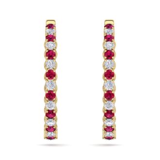 5 Carat Ruby and Diamond Hoop Earrings In 14 Karat Yellow Gold, 1 1/2 Inches