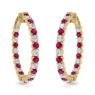 5 Carat Ruby and Diamond Hoop Earrings In 14 Karat Yellow Gold, 1 1/2 Inches