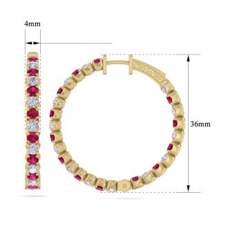 5 Carat Ruby and Diamond Hoop Earrings In 14 Karat Yellow Gold, 1 1/2 Inches