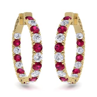 7 Carat Ruby and Diamond Hoop Earrings In 14 Karat Yellow Gold, 1 1/4 Inch