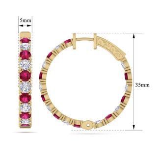 7 Carat Ruby and Diamond Hoop Earrings In 14 Karat Yellow Gold, 1 1/4 Inch