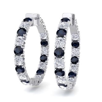 7 Carat Sapphire and Diamond Hoop Earrings In 14 Karat White Gold, 1 1/4 Inch