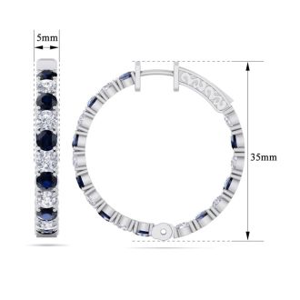 7 Carat Sapphire and Diamond Hoop Earrings In 14 Karat White Gold, 1 1/4 Inch
