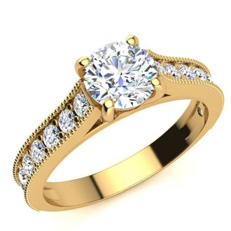 Moissanite Engagement Ring; 1 1/2 Carat Round Shape Moissanite Engagement Ring In 14 Karat Yellow Gold