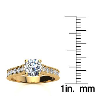 Moissanite Engagement Ring; 1 1/2 Carat Round Shape Moissanite Engagement Ring In 14 Karat Yellow Gold