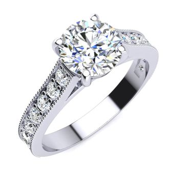 Moissanite Engagement Ring; 2 Carat Round Shape Moissanite Engagement Ring In 14 Karat White Gold