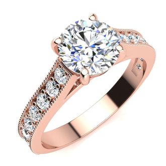 Moissanite Engagement Ring; 2 Carat Round Shape Moissanite Engagement Ring In 14 Karat Rose Gold