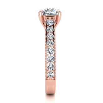 Moissanite Engagement Ring; 2 Carat Round Shape Moissanite Engagement Ring In 14 Karat Rose Gold