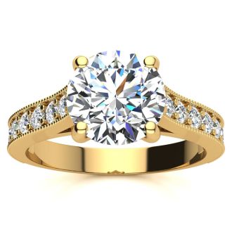 Moissanite Engagement Ring; 2 1/2 Carat Round Shape Moissanite Engagement Ring In 14 Karat Yellow Gold