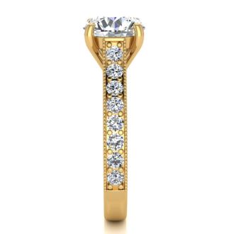 Moissanite Engagement Ring; 2 1/2 Carat Round Shape Moissanite Engagement Ring In 14 Karat Yellow Gold