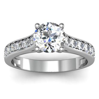 Moissanite Engagement Ring; 1 1/2 Carat Round Shape Moissanite Engagement Ring In 14 Karat White Gold
