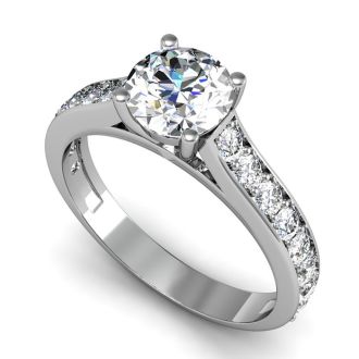 Moissanite Engagement Ring; 1 1/2 Carat Round Shape Moissanite Engagement Ring In 14 Karat White Gold