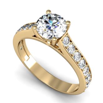 Moissanite Engagement Ring; 1 1/2 Carat Round Shape Moissanite Engagement Ring In 14 Karat Yellow Gold