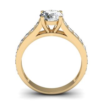 Moissanite Engagement Ring; 1 1/2 Carat Round Shape Moissanite Engagement Ring In 14 Karat Yellow Gold