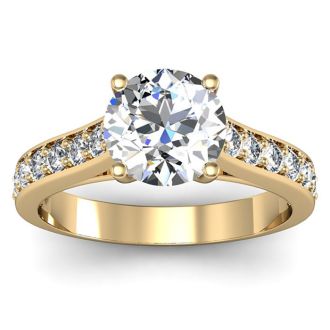 Moissanite Engagement Ring; 2 Carat Round Shape Moissanite Engagement Ring In 14 Karat Yellow Gold