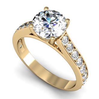 Moissanite Engagement Ring; 2 Carat Round Shape Moissanite Engagement Ring In 14 Karat Yellow Gold