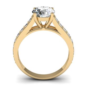 Moissanite Engagement Ring; 2 Carat Round Shape Moissanite Engagement Ring In 14 Karat Yellow Gold