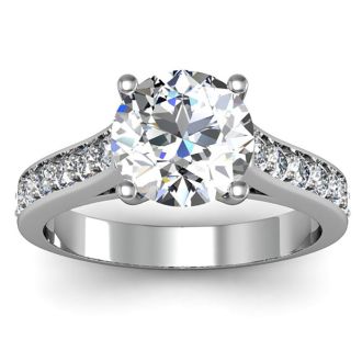Moissanite Engagement Ring; 2 1/2 Carat Round Shape Moissanite Engagement Ring In 14 Karat White Gold