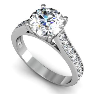 Moissanite Engagement Ring; 2 1/2 Carat Round Shape Moissanite Engagement Ring In 14 Karat White Gold